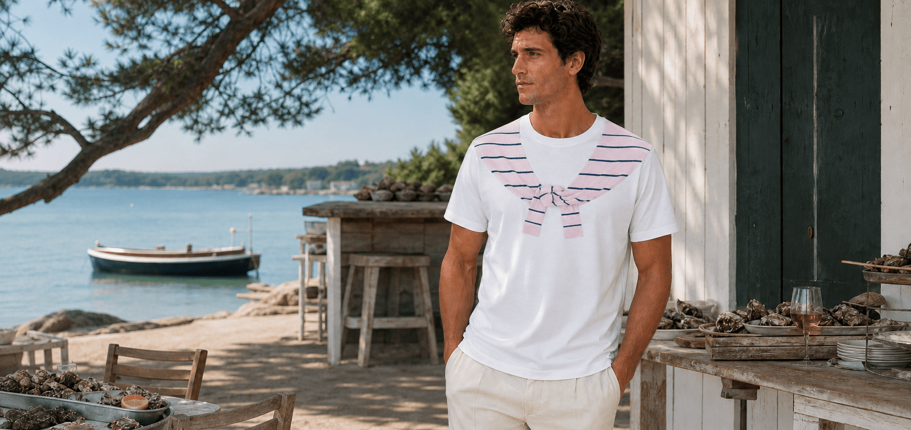 Image campagne Cap Ferret avec le t-shirt blanc imprimé en ambiance bassin