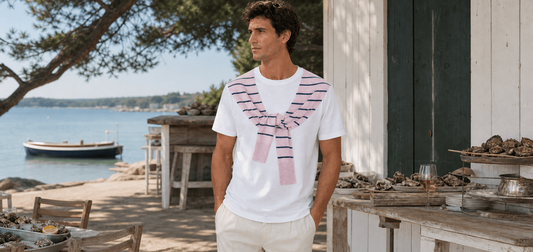 Image campagne Cap Ferret avec le t-shirt blanc imprimé en ambiance bassin