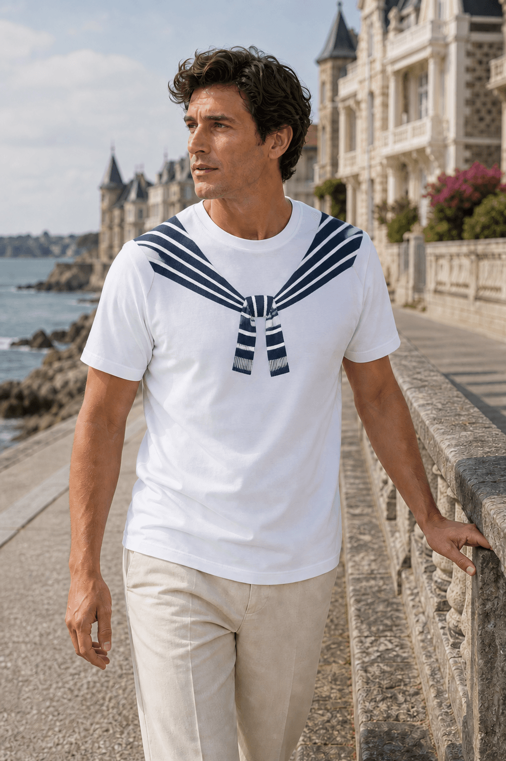 T-shirt homme Dinard marine rayé en ambiance promenade bretonne