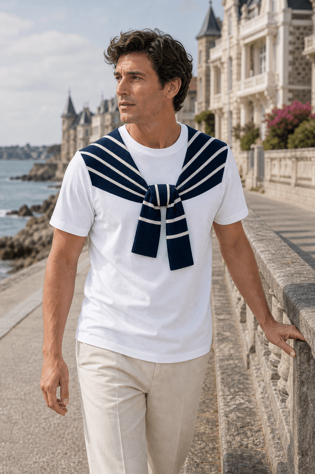 T-shirt homme Dinard marine rayé en ambiance promenade bretonne