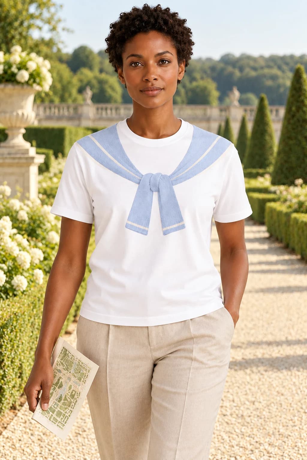 Modèle Versailles dans les jardins, t-shirt blanc et pull bleu imprimé